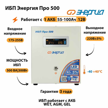Энергия ИБП Про 500 12В - ИБП и АКБ - ИБП для котлов - . Магазин оборудования для автономного и резервного электропитания Ekosolar.ru в Камышине