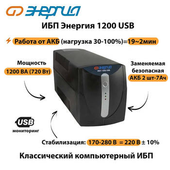 Энергия ИБП 1200 USB - ИБП и АКБ - ИБП для компьютера - . Магазин оборудования для автономного и резервного электропитания Ekosolar.ru в Камышине