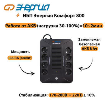 ИБП Комфорт 800 Энергия - ИБП и АКБ - ИБП для компьютера - . Магазин оборудования для автономного и резервного электропитания Ekosolar.ru в Камышине
