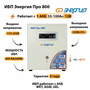 Энергия ИБП Про 800 12В - ИБП и АКБ - ИБП для котлов - . Магазин оборудования для автономного и резервного электропитания Ekosolar.ru в Камышине