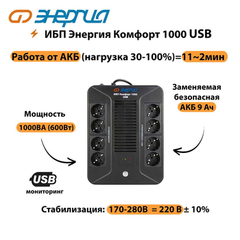 ИБП Комфорт 1000 USB Энергия - ИБП и АКБ - ИБП для компьютера - . Магазин оборудования для автономного и резервного электропитания Ekosolar.ru в Камышине