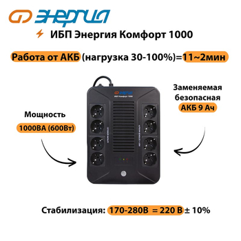 ИБП Комфорт 1000 Энергия - ИБП и АКБ - ИБП для компьютера - . Магазин оборудования для автономного и резервного электропитания Ekosolar.ru в Камышине